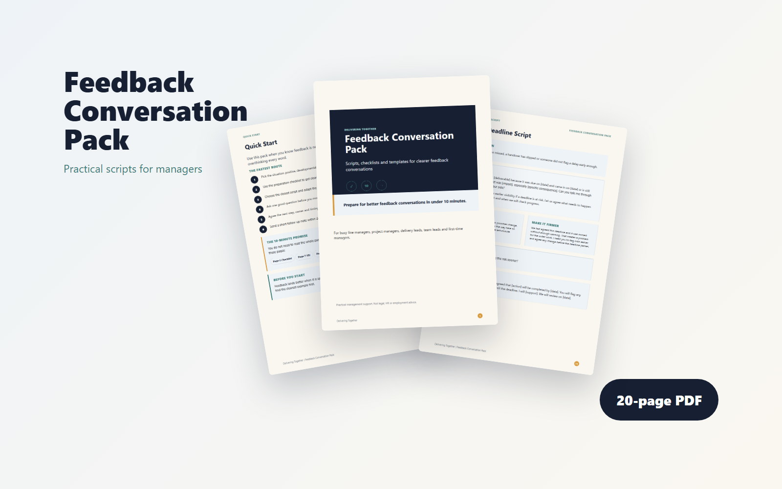 Feedback Conversation Pack product mockup showing toolkit preview pages