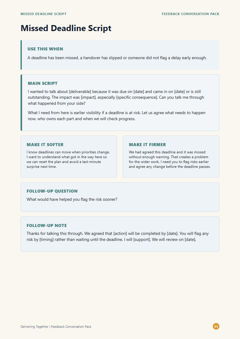 Preview of a missed deadline feedback script