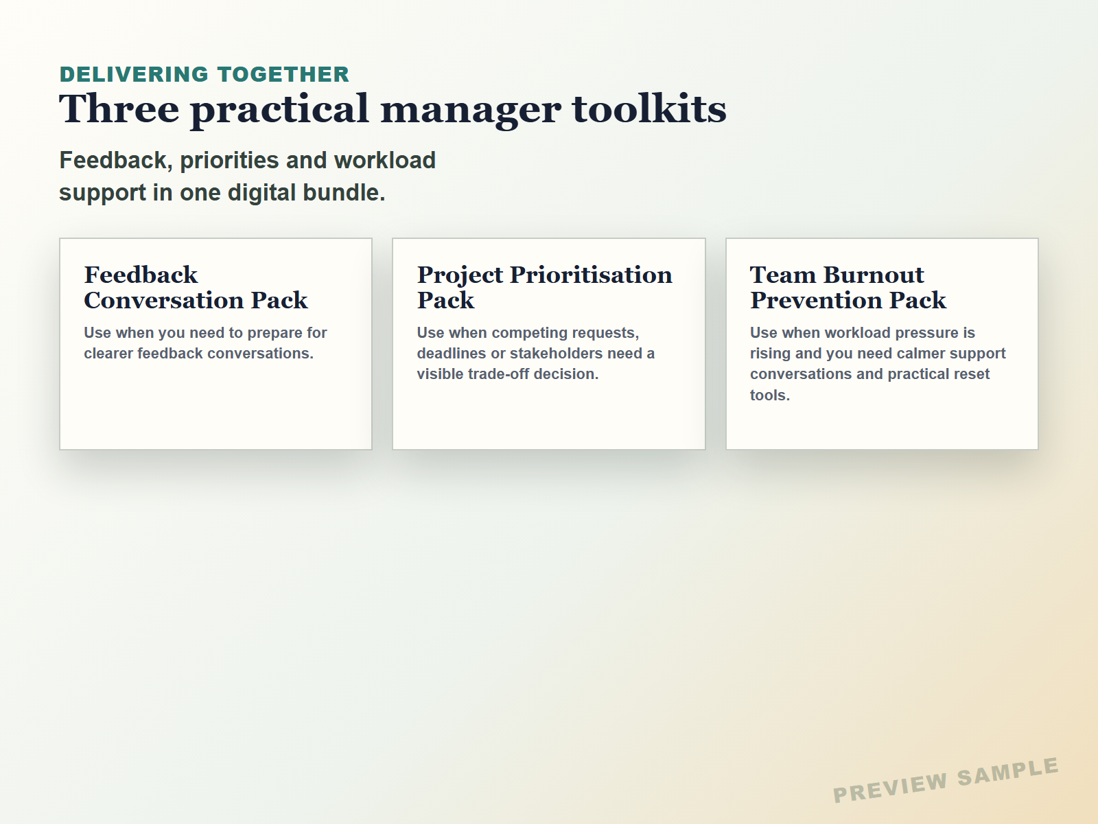 Manager Toolkit Starter Bundle overview showing the three included manager toolkits