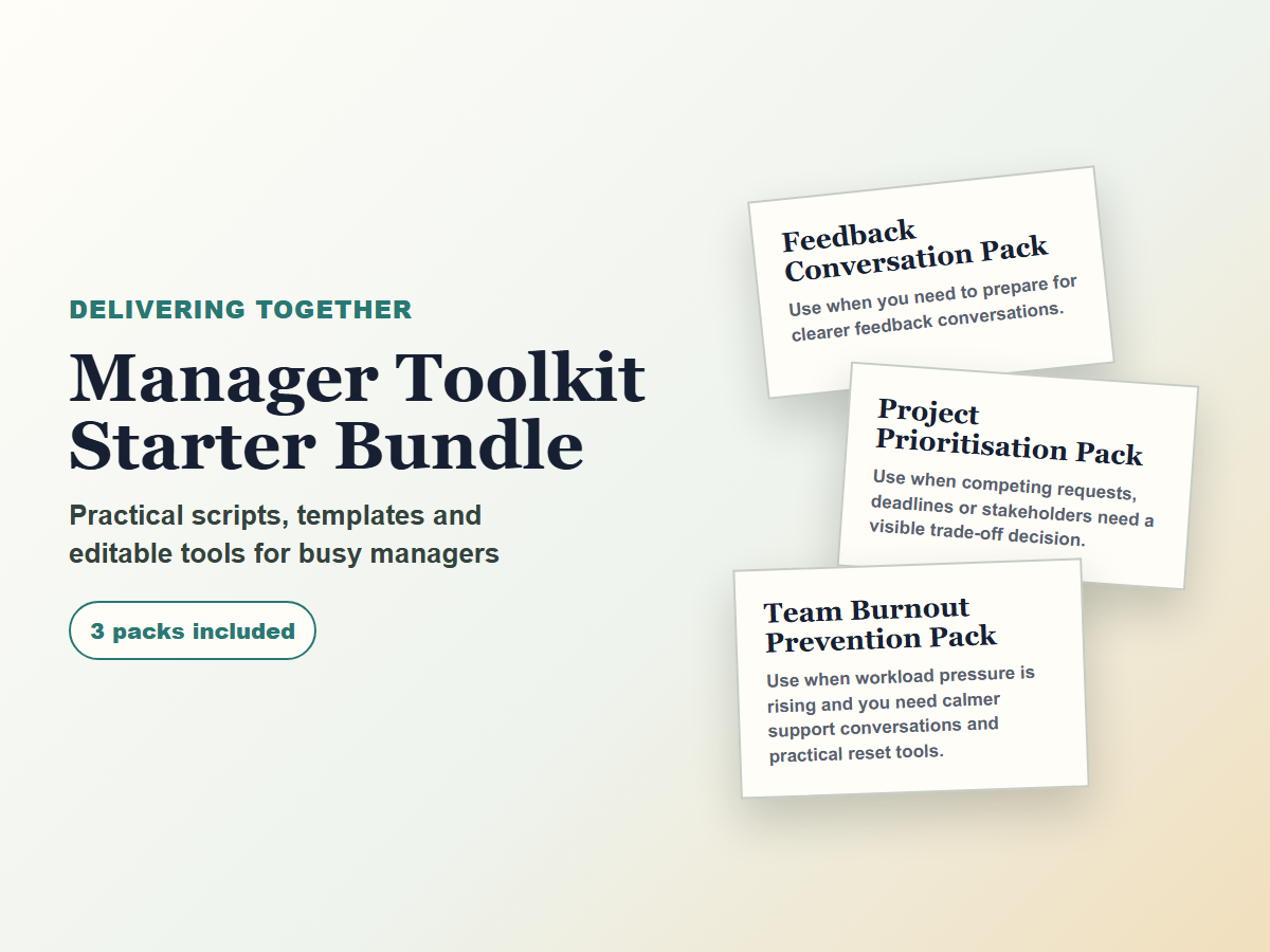 Manager Toolkit Starter Bundle product card showing the three included manager packs