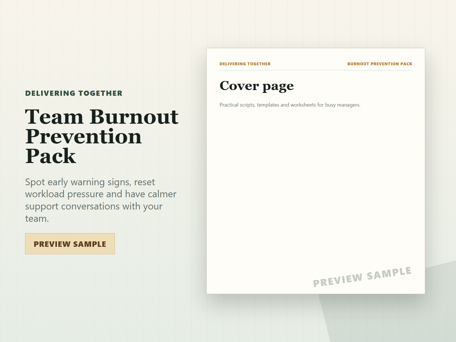 Team Burnout Prevention Pack sales preview showing the cover and product promise