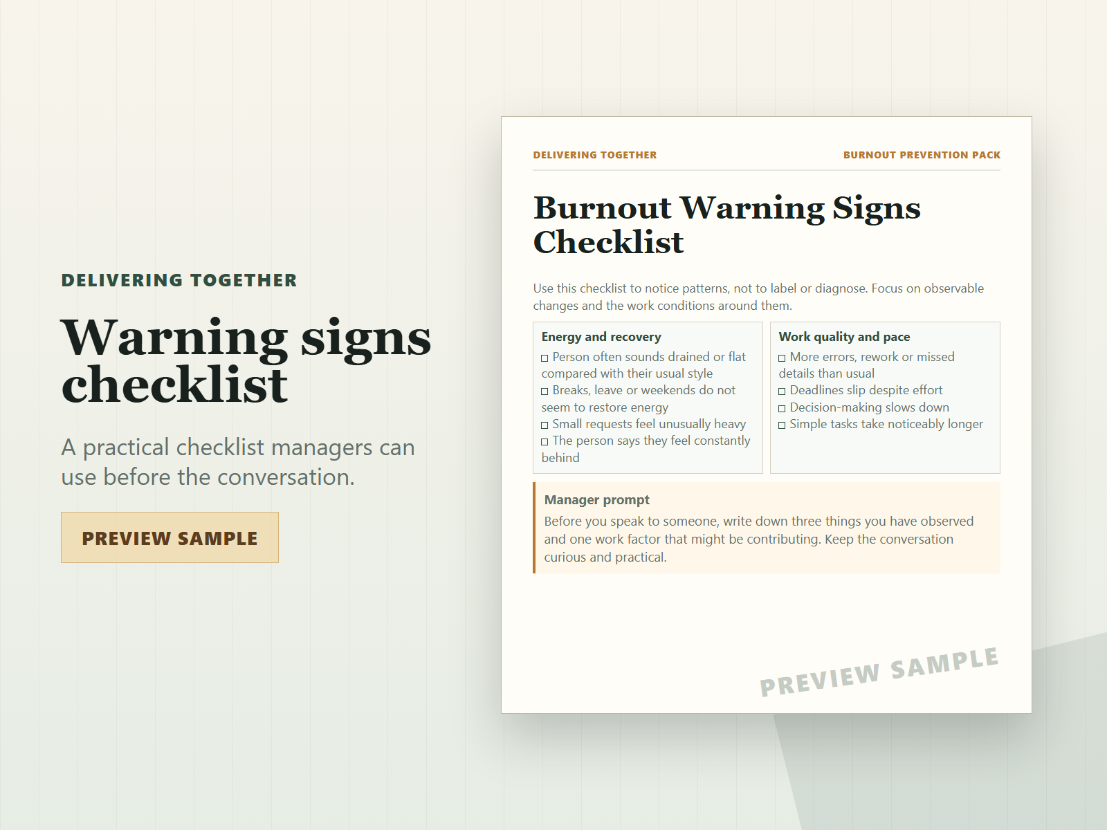 Burnout warning signs checklist sample from the Team Burnout Prevention Pack