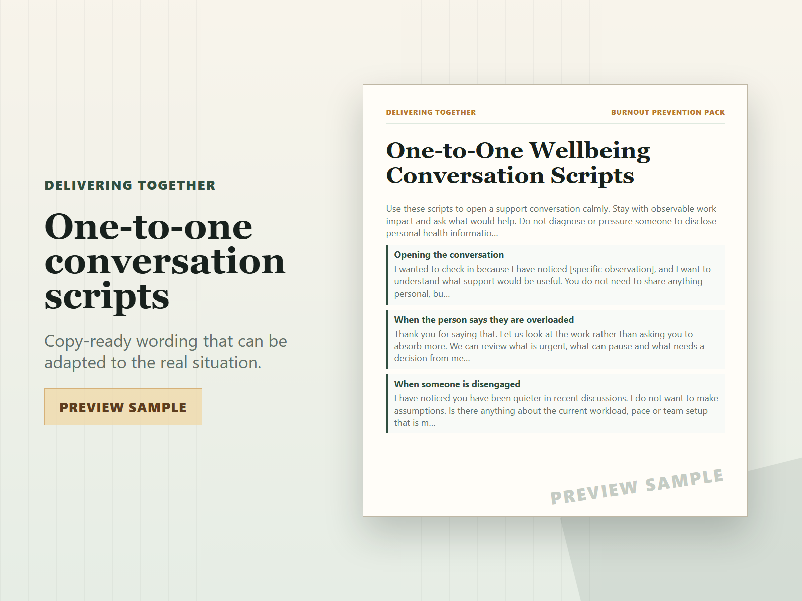 One-to-one support conversation scripts sample from the Team Burnout Prevention Pack