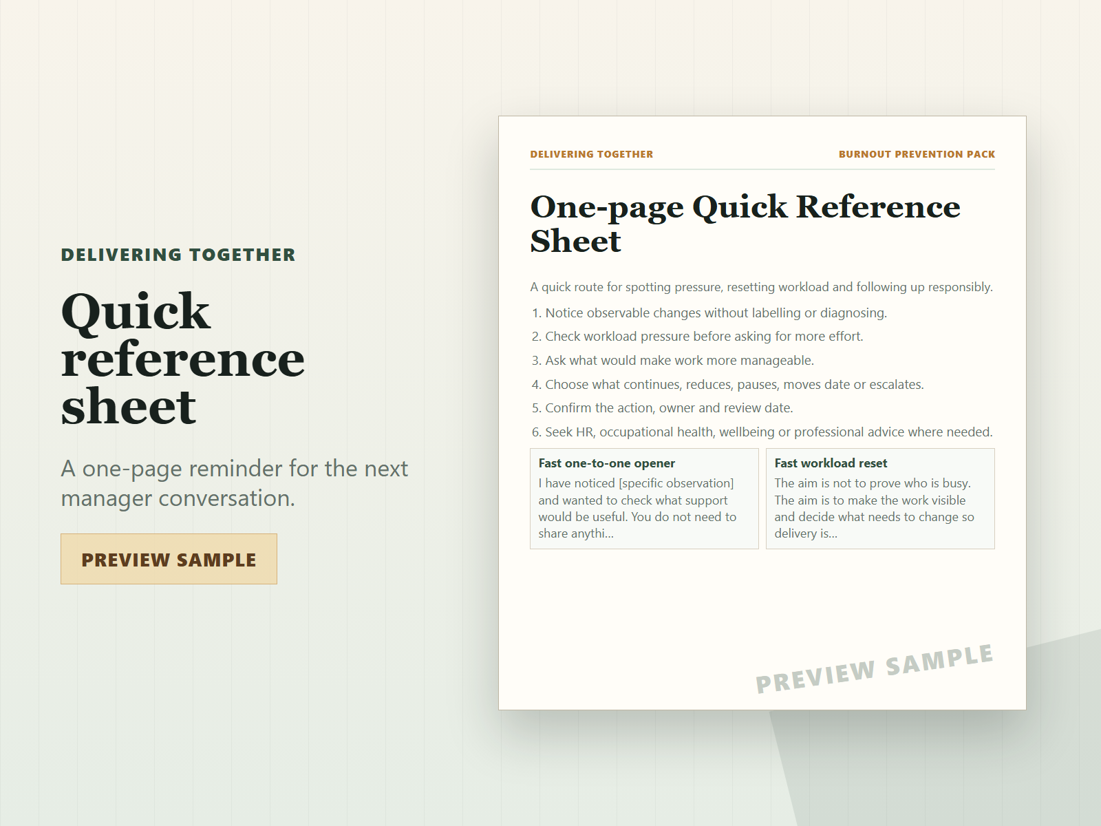 One-page quick reference sheet sample from the Team Burnout Prevention Pack