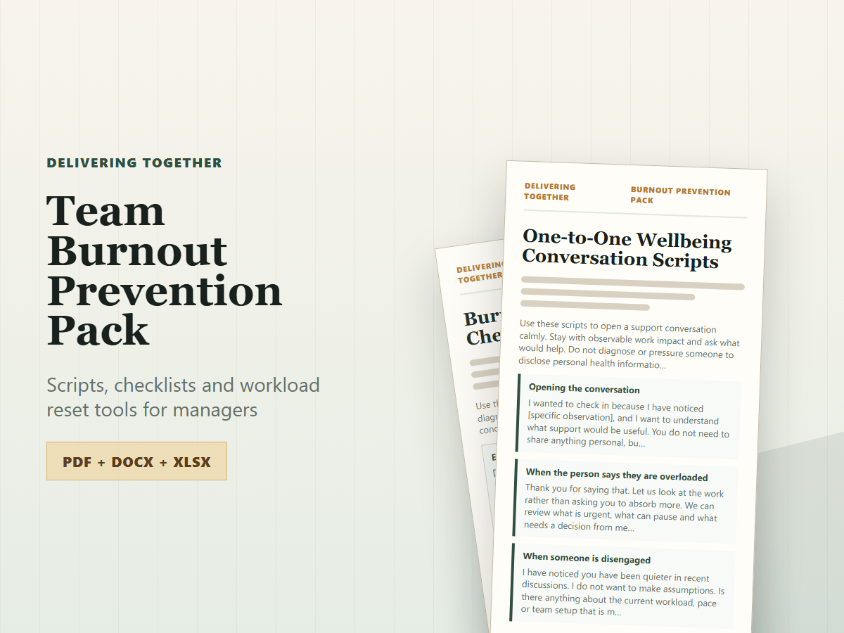 Team Burnout Prevention Pack product card showing the paid toolkit contents
